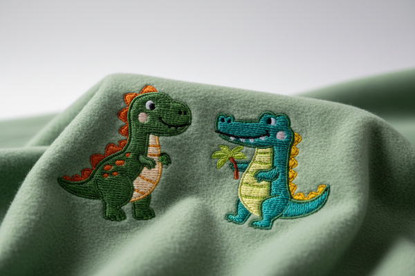 Close-up embroidered dinosaur crocodile design