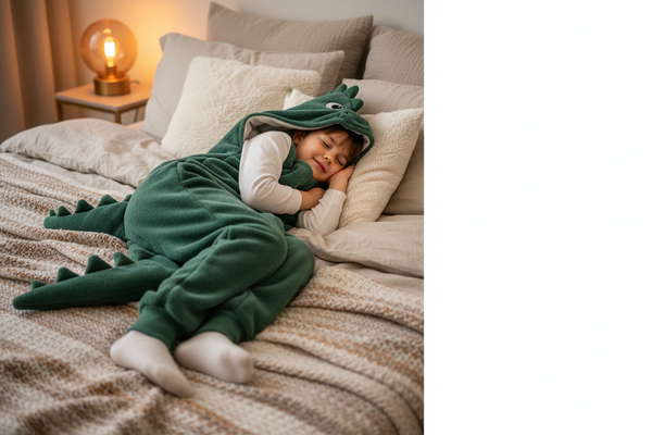 Cozy child sleeping in dinosaur flannel pajamas