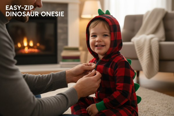 Parent zipping up dinosaur onesie on child